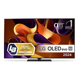 Sett forfra med LG OLED evo TV, OLED G4, 11 Years of world number 1 OLED-emblem og alpha 11 4K AI-prosessorlogo.2
