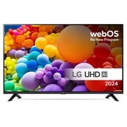LG 65'' UHD AI UT73 - 4K TV (2024), Visning forfra av LG UHD TV, UT73 med teksten LG UHD AI ThinQ, 2024, og webOS Re:New Program-logoen på skjermen, 65UT73006LA, thumbnail 1