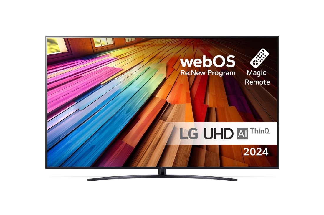 LG 86 tommer LG UHD UT81 4K Smart TV 2024, Visning forfra av LG UHD TV, UT81 med teksten LG UHD AI ThinQ, 2024, og webOS Re:New Program-logoen på skjermen, 86UT81006LA