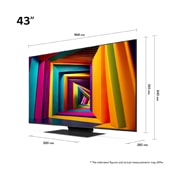 LG 43'' UHD AI UT91 - 4K TV (2024), Størrelsesoversikt over skjermbredde, skjermhøyde, total høyde med stativ, stativbredde og stativdybde, 43UT91006LA, thumbnail 2