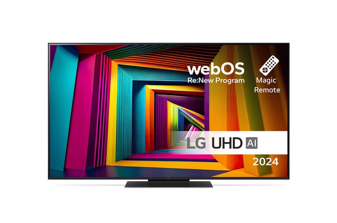 LG 55'' UHD AI UT91 - 4K TV (2024), Visning forfra av LG UHD TV, UT91 med teksten LG UHD AI ThinQ, 2024, og webOS Re:New Program-logoen på skjermen, 55UT91006LA