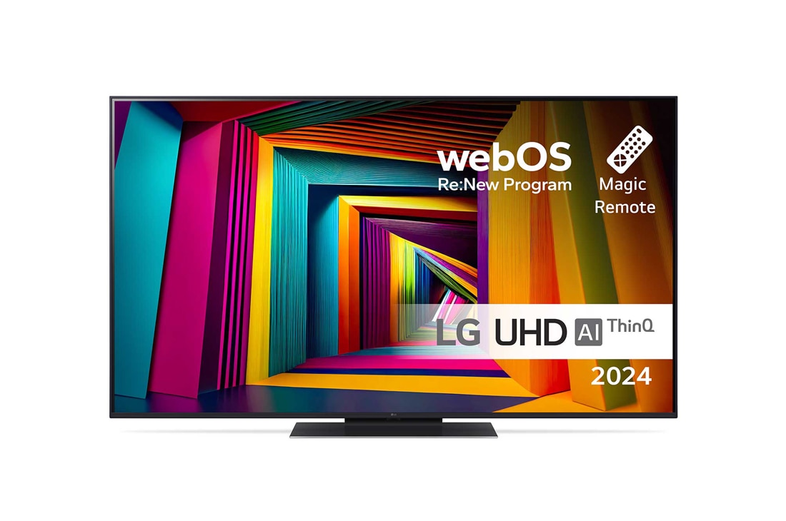 LG 55'' UHD UT91 - 4K TV (2024), Visning forfra av LG UHD TV, UT91 med teksten LG UHD AI ThinQ, 2024, og webOS Re:New Program-logoen på skjermen, 55UT91006LA