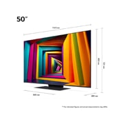 LG 50'' UHD AI UT91 - 4K TV (2024), Størrelsesoversikt over skjermbredde, skjermhøyde, total høyde med stativ, stativbredde og stativdybde, 50UT91006LA, thumbnail 2