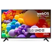 LG 43'' UHD AI UT73 - 4K TV (2024), Visning forfra av LG UHD TV, UT73 med teksten LG UHD AI ThinQ, 2024, og webOS Re:New Program-logoen på skjermen, 43UT73006LA, thumbnail 1
