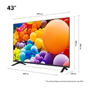 LG 43'' UHD AI UT73 - 4K TV (2024), Størrelsesoversikt over skjermbredde, skjermhøyde, total høyde med stativ, stativbredde og stativdybde, 43UT73006LA, thumbnail 2