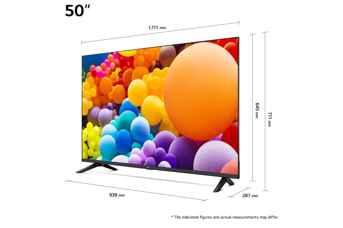 LG 50'' UHD AI UT73 - 4K TV (2024), Størrelsesoversikt over skjermbredde, skjermhøyde, total høyde med stativ, stativbredde og stativdybde, 50UT73006LA, thumbnail 2