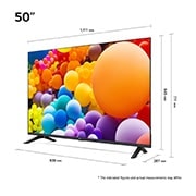 LG 50'' UHD AI UT73 - 4K TV (2024), Størrelsesoversikt over skjermbredde, skjermhøyde, total høyde med stativ, stativbredde og stativdybde, 50UT73006LA, thumbnail 2