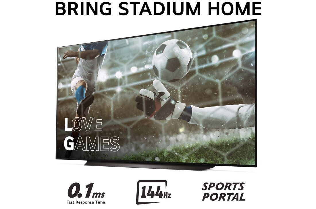 LG 83'' OLED evo AI C4 - 4K TV (2024), Bring Stadium Home med TV som har fotballbilde med Love Games, og 0,1 mz rask responstid, 144 Hz, Sports Portal skrevet nederst, OLED83C44LA, thumbnail 3