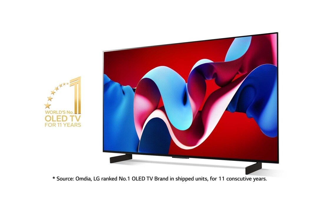 LG 42'' OLED evo AI C4 - 4K TV (2024), Lett vinklet sidevisning til venstre med 11 Years of world number 1 OLED-emblem med ansvarsfraskrivelse. Omdia, LG rangert som nr. 1 OLED TV-merke i leverte enheter, i 11 år på rad., OLED42C44LA, thumbnail 2