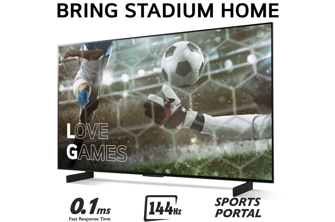 LG 42'' OLED evo AI C4 - 4K TV (2024), Bring Stadium Home med TV som har fotballbilde med Love Games, og 0,1 mz rask responstid, 144 Hz, Sports Portal skrevet nederst, OLED42C44LA, thumbnail 3