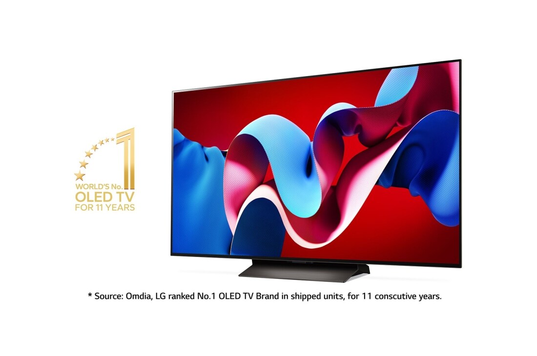 LG 55'' OLED evo AI C4 - 4K TV (2024), Lett vinklet sidevisning til venstre med 11 Years of world number 1 OLED-emblem med ansvarsfraskrivelse. Omdia, LG rangert som nr. 1 OLED TV-merke i leverte enheter, i 11 år på rad., OLED55C44LA, thumbnail 2