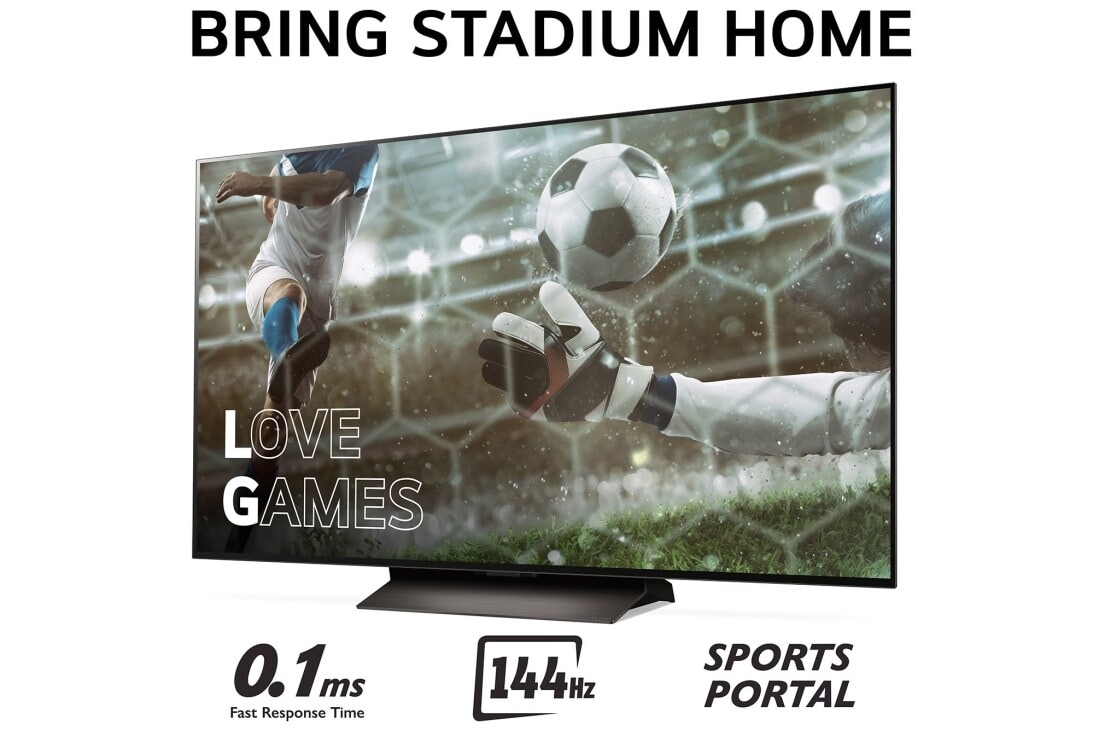 LG 55'' OLED evo AI C4 - 4K TV (2024), Bring Stadium Home med TV som har fotballbilde med Love Games, og 0,1 mz rask responstid, 144 Hz, Sports Portal skrevet nederst, OLED55C44LA, thumbnail 3