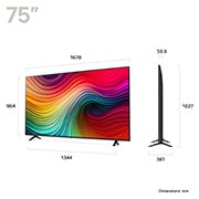 LG 75'' NANO 81 - NanoCell AI 4K Smart TV (2024), Størrelsesoversikt over skjermbredde, skjermhøyde, total høyde med stativ, stativbredde og stativdybde, 75NANO81T6A, thumbnail 2
