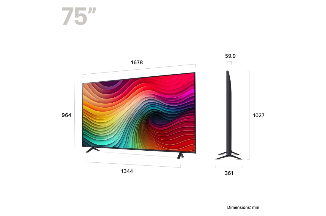 LG 75'' NANO 81 - NanoCell AI 4K Smart TV (2024), Størrelsesoversikt over skjermbredde, skjermhøyde, total høyde med stativ, stativbredde og stativdybde, 75NANO81T6A, thumbnail 2