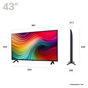 LG 43'' NANO 81 - NanoCell AI 4K Smart TV (2024), Størrelsesoversikt over skjermbredde, skjermhøyde, total høyde med stativ, stativbredde og stativdybde, 43NANO81T6A, thumbnail 2