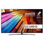 LG 75 tommer LG UHD AI UT81 4K Smart TV 2024, Visning forfra av LG UHD TV, UT81 med teksten LG UHD AI ThinQ, 2024, og webOS Re:New Program-logoen på skjermen, 75UT81006LA, thumbnail 1