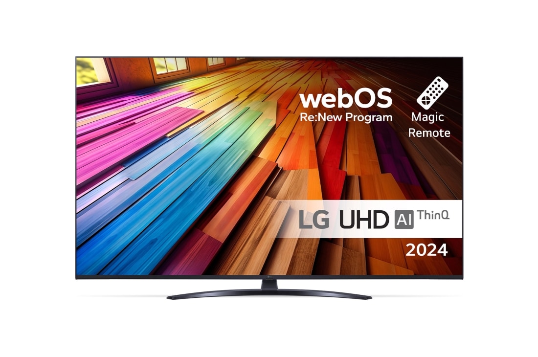LG 55 tommer LG UHD UT81 4K Smart TV 2024, Visning forfra av LG UHD TV, UT81 med teksten LG UHD AI ThinQ, 2024, og webOS Re:New Program-logoen på skjermen, 55UT81006LA