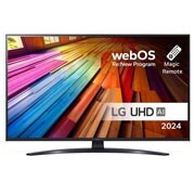 LG 43 tommer LG UHD AI UT81 4K Smart TV 2024, Visning forfra av LG UHD TV, UT81 med teksten LG UHD AI ThinQ, 2024, og webOS Re:New Program-logoen på skjermen, 43UT81006LA, thumbnail 1
