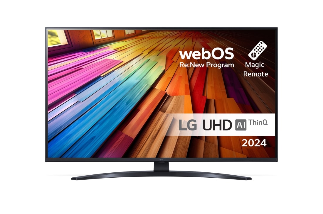 LG 43 tommer LG UHD UT81 4K Smart TV 2024, Visning forfra av LG UHD TV, UT81 med teksten LG UHD AI ThinQ, 2024, og webOS Re:New Program-logoen på skjermen, 43UT81006LA