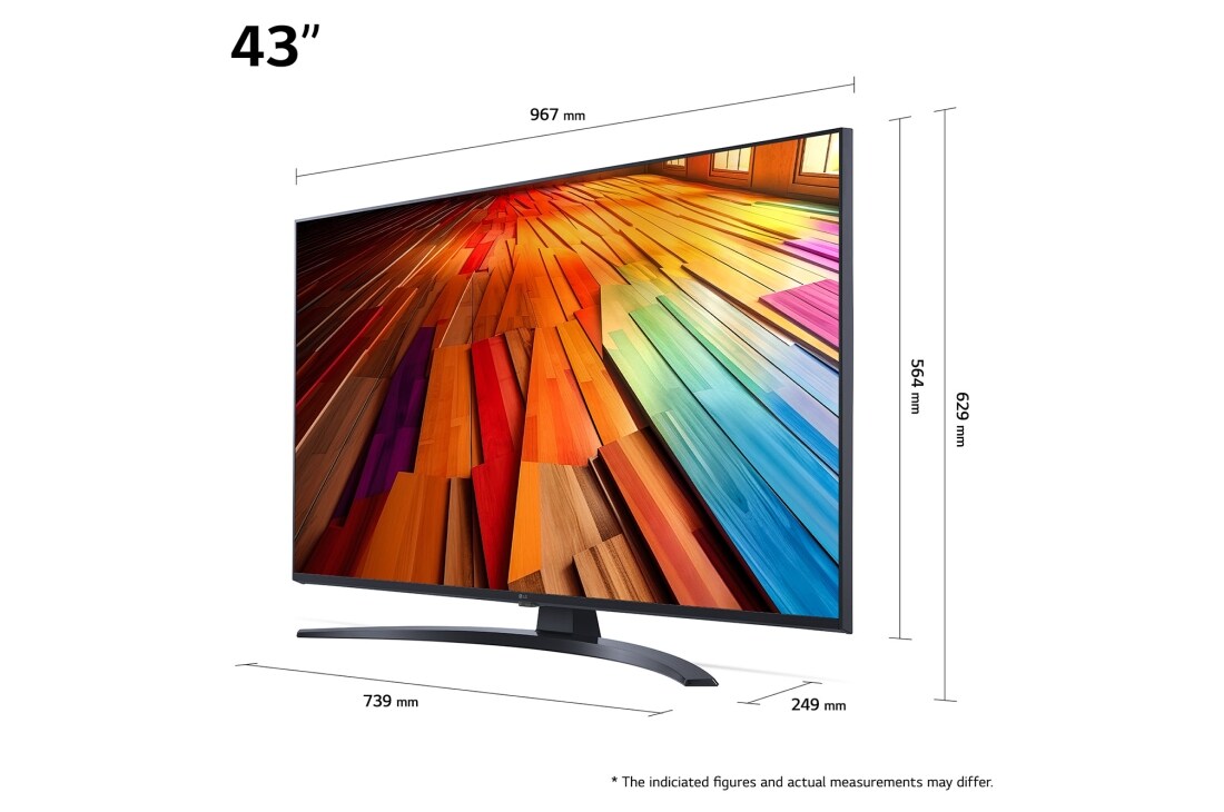 LG 43 tommer LG UHD AI UT81 4K Smart TV 2024, Størrelsesoversikt over skjermbredde, skjermhøyde, total høyde med stativ, stativbredde og stativdybde, 43UT81006LA, thumbnail 2