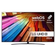 LG 65 tommer LG UHD AI UT81 4K Smart TV 2024, Visning forfra av LG UHD TV, UT81 med teksten LG UHD AI ThinQ, 2024, og webOS Re:New Program-logoen på skjermen, 65UT81006LA, thumbnail 1