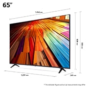 LG 65 tommer LG UHD AI UT80 4K Smart TV 2024, Størrelsesoversikt over skjermbredde, skjermhøyde, total høyde med stativ, stativbredde og stativdybde, 65UT80006LA, thumbnail 8