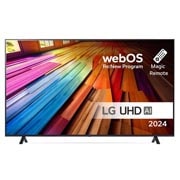 LG 55 tommer LG UHD AI UT80 4K Smart TV 2024, Visning forfra av LG UHD TV, UT80 med teksten LG UHD AI ThinQ, 2024, og webOS Re:New Program-logoen på skjermen, 55UT80006LA, thumbnail 1