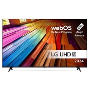 LG 43 tommer LG UHD AI UT80 4K Smart TV 2024, Visning forfra av LG UHD TV, UT80 med teksten LG UHD AI ThinQ, 2024, og webOS Re:New Program-logoen på skjermen, 43UT80006LA, thumbnail 1