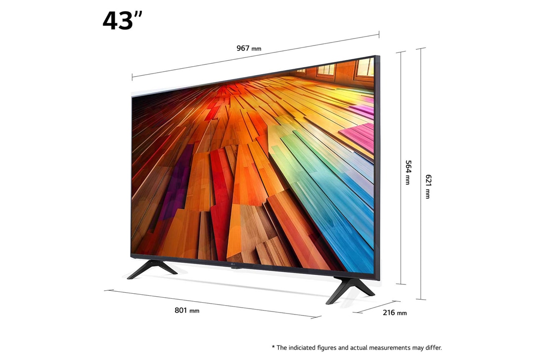 LG 43 tommer LG UHD AI UT80 4K Smart TV 2024, Størrelsesoversikt over skjermbredde, skjermhøyde, total høyde med stativ, stativbredde og stativdybde, 43UT80006LA, thumbnail 8