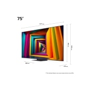 LG 75'' UHD AI UT91 - 4K TV (2024), Størrelsesoversikt over skjermbredde, skjermhøyde, total høyde med stativ, stativbredde og stativdybde, 75UT91006LA, thumbnail 2