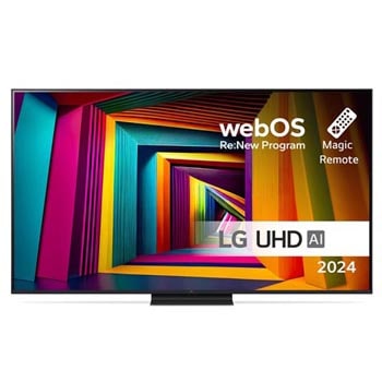 Visning forfra av LG UHD TV, UT91 med teksten LG UHD AI ThinQ, 2024, og webOS Re:New Program-logoen på skjermen1