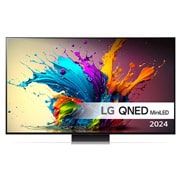LG 75'' QNED 91 - QNED Mini LED 4K Smart TV (2024), LG QNED MiniLED TV, QNED91 sett forfra med tekst fra LG QNED MiniLED, Quantum Dot med NanoCell og 2024 på skjermen, 75QNED91T6A, thumbnail 1