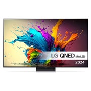LG 86'' QNED 91 - QNED Mini LED 4K Smart TV (2024), LG QNED MiniLED TV, QNED91 sett forfra med tekst fra LG QNED MiniLED,  og 2024 på skjermen, 86QNED91T6A, thumbnail 1