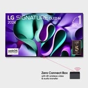 LG Ekte trådløs TV 97 tommer LG SIGNATURE OLED M4 med 4K 120 Hz video- og lydoverføring , Visning forfra av LG OLED M4 på stativet og Zero Connect-boksen nedenfor, 11 år som verdens nummer 1 OLED-emblem, webOS Re:New Program-logo og 5-års panelgarantilogo på skjermen, OLED97M49LA, thumbnail 2