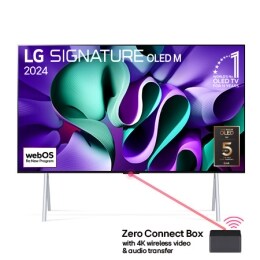 Visning forfra av LG OLED M4 på stativet og Zero Connect-boksen nedenfor, 11 år som verdens nummer 1 OLED-emblem, webOS Re:New Program-logo og 5-års panelgarantilogo på skjermen2