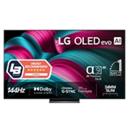 Visning forfra av LG OLED evo AI C5 4K Smart TV. 12 år som nummer én OLED-emblem og LG OLED evo AI 2025 logoer ses på skjermen.2