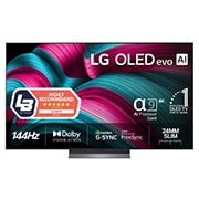 LG 77'' OLED evo AI C5 4K Smart TV 2025, Visning forfra av LG OLED evo AI C5 4K Smart TV. 12 år som nummer én OLED-emblem og LG OLED evo AI 2025 logoer ses på skjermen., OLED77C54LA, thumbnail 1