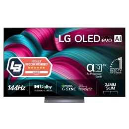 Visning forfra av LG OLED evo AI C5 4K Smart TV. 12 år som nummer én OLED-emblem og LG OLED evo AI 2025 logoer ses på skjermen.