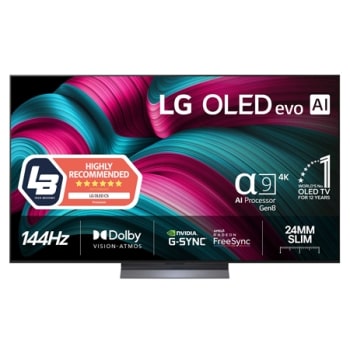 Visning forfra av LG OLED evo AI C5 4K Smart TV. 12 år som nummer én OLED-emblem og LG OLED evo AI 2025 logoer ses på skjermen.
