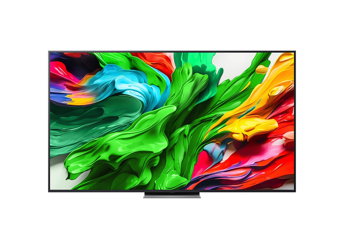 LG 75-tommers LG QNED evo AI QNED87 4K Smart TV 2025, Visning forfra av LG QNED evo QNED87 TV, LG QNED evo Al Logo øverst i hjørnet. LG QNED evo QNED87 TV viser fargerike maleteksturer som kommer sammen., 75QNED87A6B