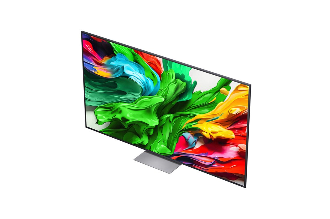 LG 75'' QNED MiniLED AI QNED87 4K Smart TV 2025, Alpha 8 AI Processor Gen2 lyser oransje og rosa, og fargerike lysglimt stråler ut av den. Tittelen sier noe om hvordan prosessoren gir 4K-kvalitet, enestående farge og lysstyrke. Bildetekster leses om, 75QNED87A6B, thumbnail 6