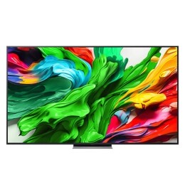 Visning forfra av LG QNED evo QNED87 TV, LG QNED evo Al Logo øverst i hjørnet. LG QNED evo QNED87 TV viser fargerike maleteksturer som kommer sammen.2