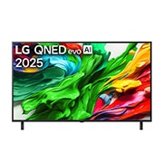 LG 55'' QNED evo MiniLED AI QNED85 4K Smart TV 2025, Visning forfra av LG QNED evo QNED85 TV, LG QNED evo Al Logo øverst i hjørnet. LG QNED evo QNED85 TV viser fargerike maleteksturer som kommer sammen., 55QNED85A6C, thumbnail 1