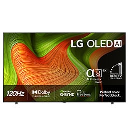 LG OLED AI B5 4K Smart TV sett forfra. 12 år som verdens nummer 1 OLED-emblem og LG OLED AI 2025-logo vises på skjermen.2