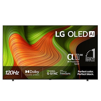 LG OLED AI B5 4K Smart TV sett forfra. 12 år som verdens nummer 1 OLED-emblem og LG OLED AI 2025-logo vises på skjermen.1