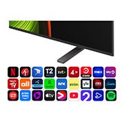 LG 83'' OLED AI B5 4K Smart TV 2025, Alpha 8 AI Processor Gen2 lyser oransje og rosa, og fargerike lysglimt stråler ut av den. Tittelen sier noe om hvordan prosessoren gir 4K-kvalitet, enestående farge og lysstyrke. Bildeteksten lyder: O, OLED83B56LA, thumbnail 5