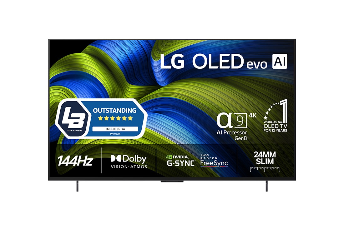 LG 42 tuuman LG OLED evo AI C5 Pro 4K -älytelevisio 2025, Visning forfra av LG OLED evo AI C5E 4K Smart TV. 12 år som nummer én OLED-emblem og LG OLED evo AI 2025 logoer ses på skjermen., OLED42C5ELB