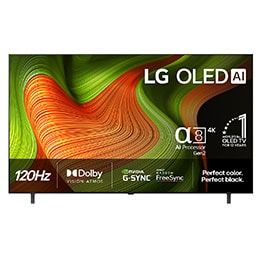 LG OLED AI B5 4K Smart TV sett forfra. 12 år som verdens nummer 1 OLED-emblem og LG OLED AI 2025-logo vises på skjermen.2