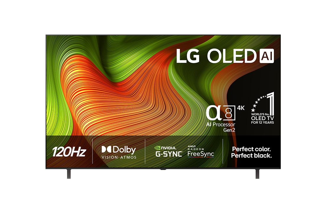 LG 77 tommers LG OLED AI B5 4K Smart TV 2025, LG OLED AI B5 4K Smart TV sett forfra. 12 år som verdens nummer 1 OLED-emblem og LG OLED AI 2025-logo vises på skjermen., OLED77B56LA