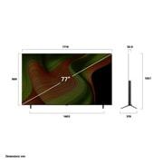 LG 77'' OLED AI B5 4K Smart TV 2025, Visning forfra og fra siden av LG OLED AI B5 4K Smart TV som viser lengde-, bredde-, høyde- og dybdemål., OLED77B56LA, thumbnail 4